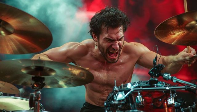 Shirtless drummer playing drums with intense expression on neon-lit concert stage