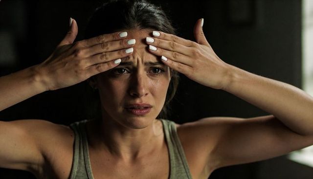 Woman holding forehead crying in dim room with white nails, moody chiaroscuro portrait