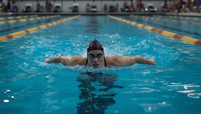 Focused swimmer performing butterfly stroke in competitive pool