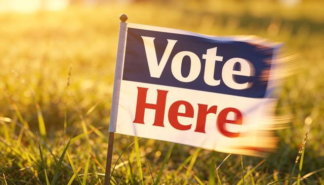 Fluttering vote here yard sign waving in golden grass at sunrise for election day turnout