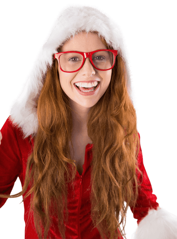 Festive redhead woman smiling in red santa outfit with transparent background