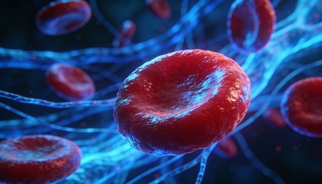 Glossy red blood cell rotating among blue fibrin strands in magnified hematology scene