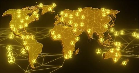 Global glowing network map with connected user nodes and digital mesh in amber
