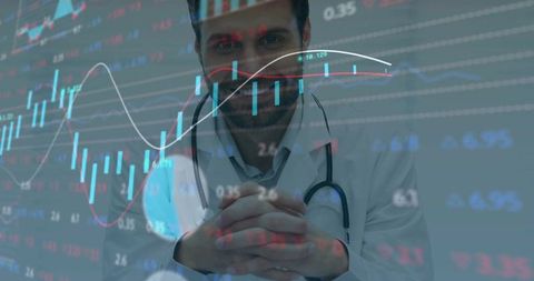 Doctor analyzing financial charts, market data overlay with stethoscope — healthcare finance