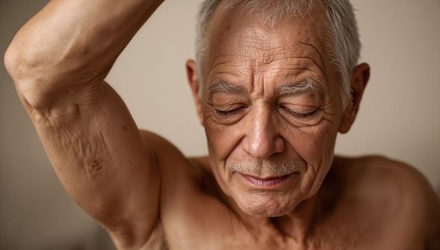 Serene shirtless senior man raising arm showing scar and textured skin close-up portrait