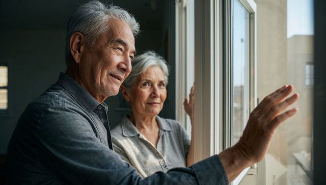 Senior Couple Standing and Gazing Through Sunlit Apartment Window, Contemplative Moment