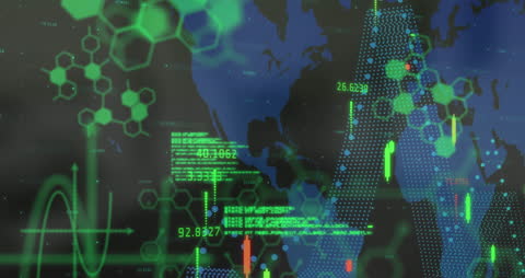 Digital Data Overlay on World Map Depicting Global Business Trends