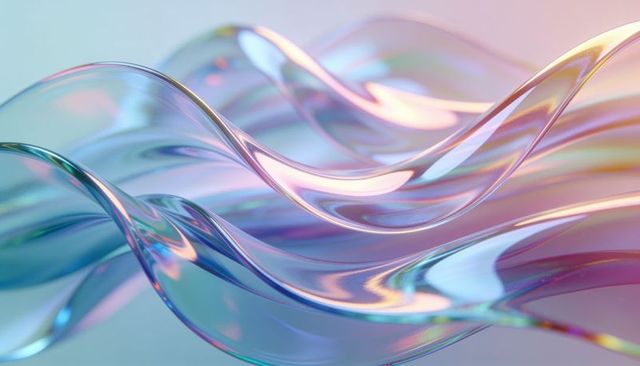 Iridescent glass ribbons flowing on pastel gradient backdrop, abstract crystal waves