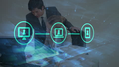 Team Collaboration with Digital Connection Icons in Modern Office