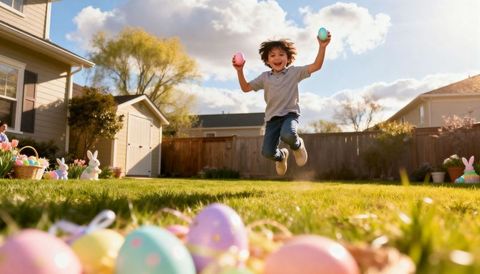 Boy jumping with pastel easter eggs on sunny suburban lawn during spring egg hunt