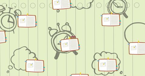 Patterned background with school icons and stationery