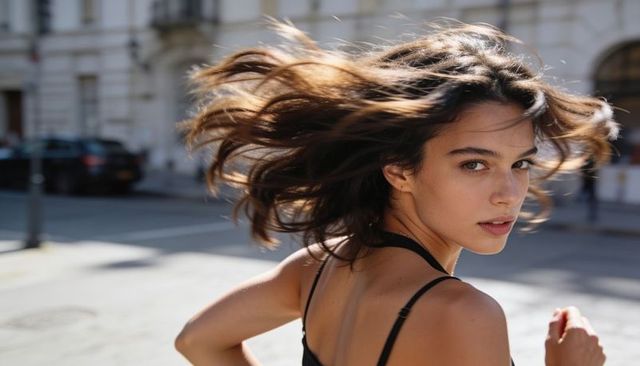 Turning young woman looking over shoulder on sunlit urban street wearing black top