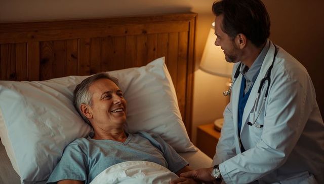Physician comforting senior man in bed at night, showing compassion and bedside care