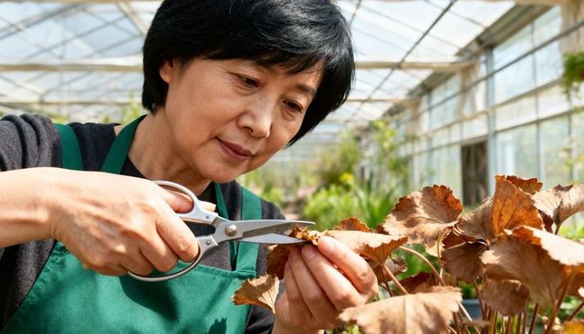 Senior woman pruning brown leaves in greenhouse with silver shears and green apron