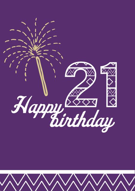 Perfect for celebrating a 21st birthday, this card features a vibrant purple background with a stylish fireworks pattern. Great for digital or printable greeting cards, birthday invitations, or social media posts. Ideal for marking a milestone celebration with a touch of elegance and festivity.