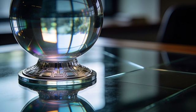 Reflecting crystal sphere revealing window grid on glass tabletop with ornate pedestal