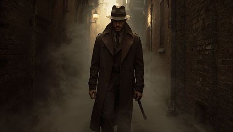 Mysterious detective walking foggy brick alley in fedora and trench coat holding cane