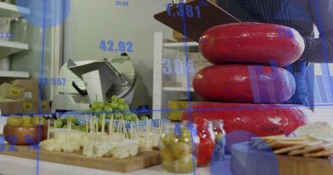 Vendor inspecting artisanal cheese in vibrant shop setting