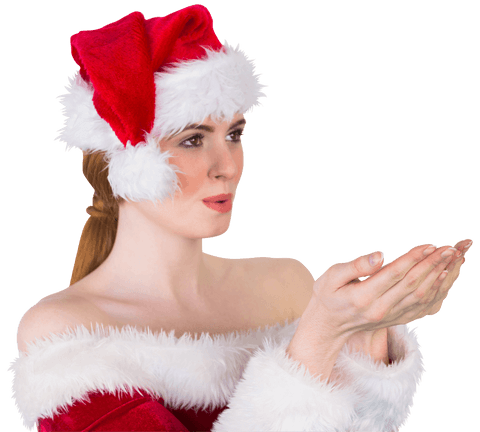 Woman in transparent santa outfit holding open hand