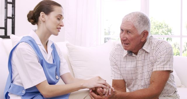Nurse offering support to elderly man in home setting. Ideal for illustrations of caregiving, home health services, senior care industries, empathetic nurses, and medical assistance for elderly. Perfect for blogs, articles, and promotional materials on healthcare, elderly support, and compassionate care.
