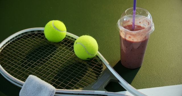 This image features a tennis racket and two tennis balls placed next to a refreshing fruit smoothie on a tennis court. The scene emphasizes both sports and a healthy lifestyle. Ideal for use in promoting fitness routines, sports marketing materials, healthy living articles, or advertisements for sports drinks.