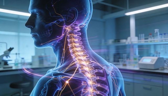Neon cervical spine highlighting nerve network and neural pathways in clinical lab research