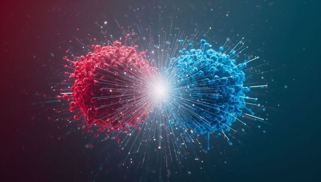 Futuristic red and blue abstract energy burst with radiant spikes