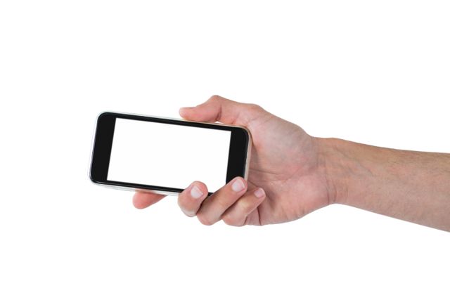 Close up of hands holding a mobile phone against white background