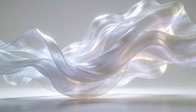 Iridescent Sheer Ribbon Floating Above Reflective Studio Floor with Glowing Dotted Lights