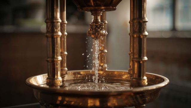 Ornate brass fountain spigot pouring water into reflective basin with suspended droplets