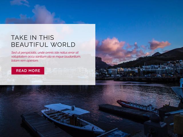 Harbor view showcasing serene waters and vibrant evening sky, ideal for travel and tourism promotions. Inspirational message overlay with a bold read more button, promotes exploration. Perfect for brochures, travel blogs, websites, and tourism campaigns highlighting serene destinations.