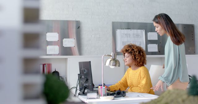 Two Women Collaborating at Office Desk on Computer Project - Download Free Stock Images Pikwizard.com