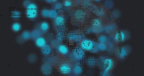 Neon Data Globe with Cyan Bokeh Nodes and Halftone Dot Matrix for Digital Networks