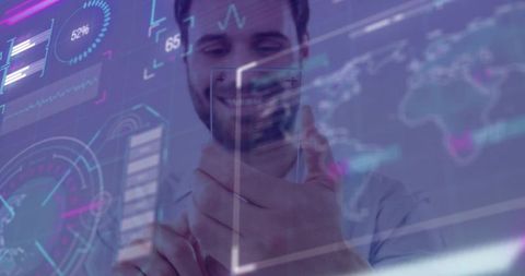 Smiling man holding smartphone interacting with holographic analytics and digital dashboards