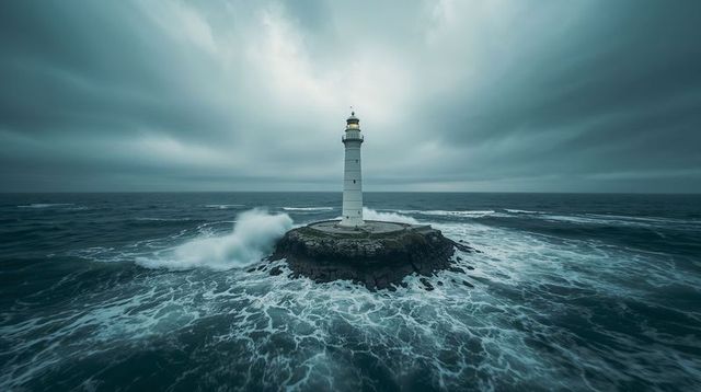White lighthouse on rocky islet weathering crashing waves during stormy teal seascape