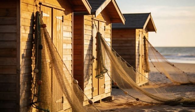 Golden sunrise on rustic wooden beach huts draped with fishing nets on sandy shore