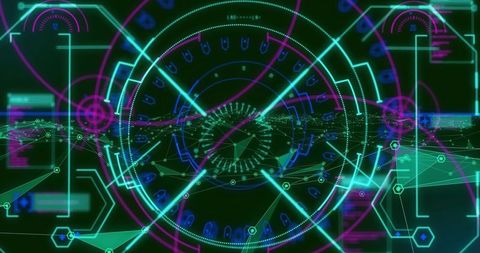 Rotating Neon HUD Reticle Pulsing Over Futuristic Cyber Cockpit Holographic Interface
