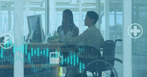 Businesswomen Collaborating on Market Analysis with Digital Interface Elements