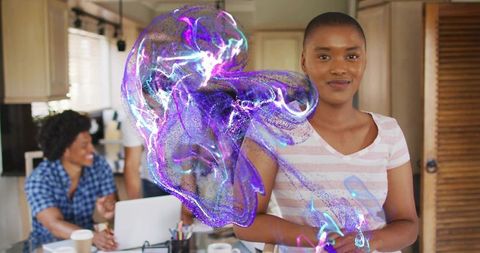 Young Woman Leading Creative Team Brainstorming with Futuristic Purple Hologram in Kitchen