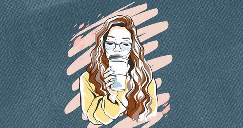 Illustrated woman drinking coffee with textured background