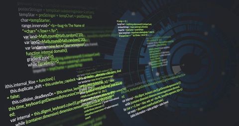 Displaying futuristic code overlay with circular HUD and neon syntax for cyber UI visualization