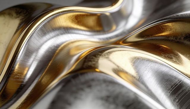Bimetallic Gold and Silver Sheets Folding in Macro, Brushed Reflective Metal Abstract