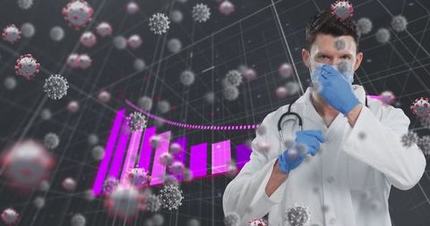 Doctor in Face Mask with Covid-19 Cells and Statistical Charts