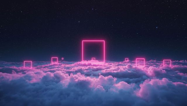 Futuristic Neon Pink Squares Above Dreamlike Clouds