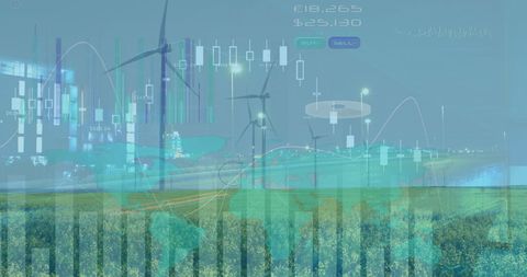 Sustainable Energy Economy Double Exposure with Wind Turbines and Financial Graphs - Download Free Stock Images Pikwizard.com