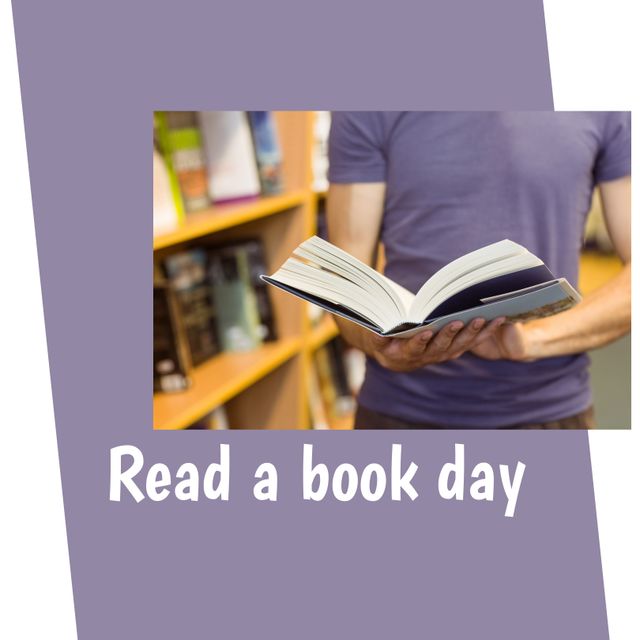 Digital composite image of caucasian man holding book with read a book day text in library. Copy space, encourage reading, raise awareness, lower stress, improving concentration and memory.
