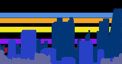 Colorful urban skyline with rainbow stripes celebrating pride