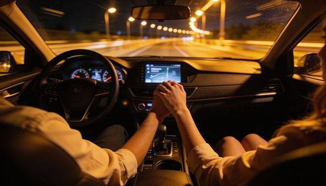 Romantic couple holding hands in car at night with glowing navigation and highway lights
