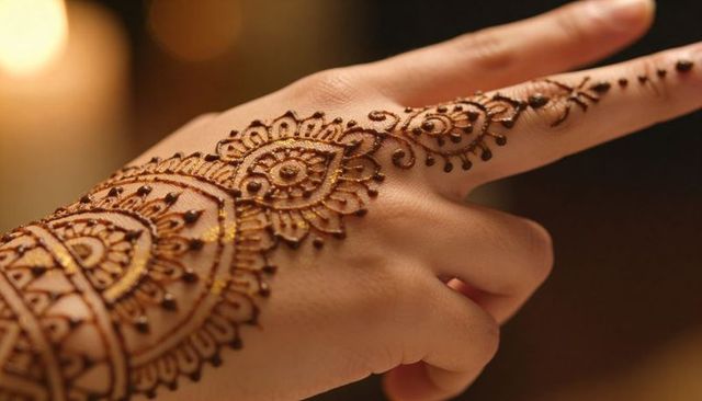 Intricate henna mandala across back of hand with gold glitter bokeh and warm lighting