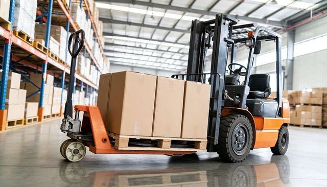 Orange forklift transporting pallet of cardboard boxes across modern warehouse floor